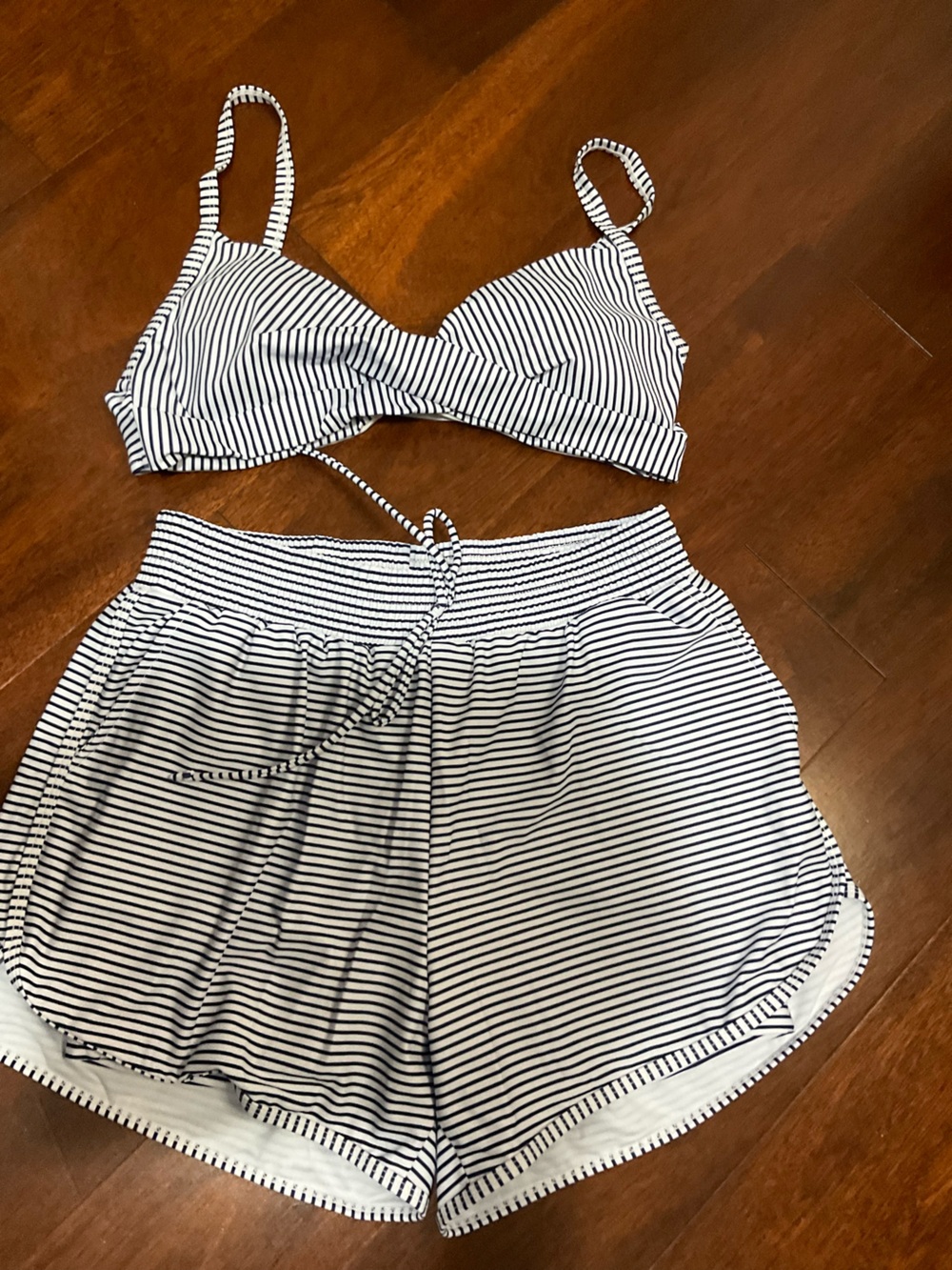 Amazon Women Swim Two-Piece Striped Bikini Top & Shorts Set - White and Black